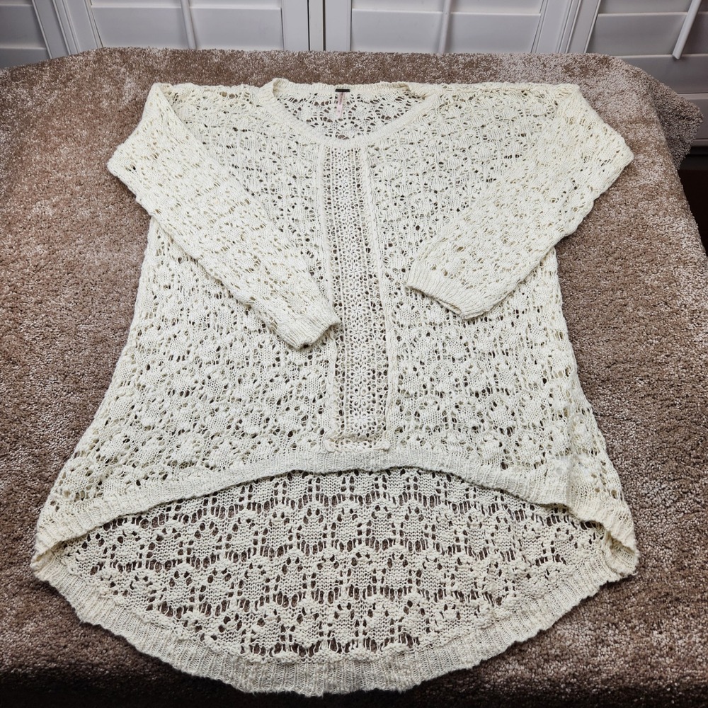 Poof Womens Cream Open Knit Crochet High Low Cotton Sweater Size M 25574J